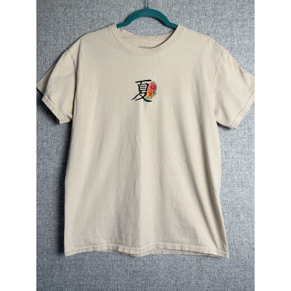 Riot Society Beige Tan Brown T-shirt Japanese Kanji Hibiscus Flower Floral MED‎
